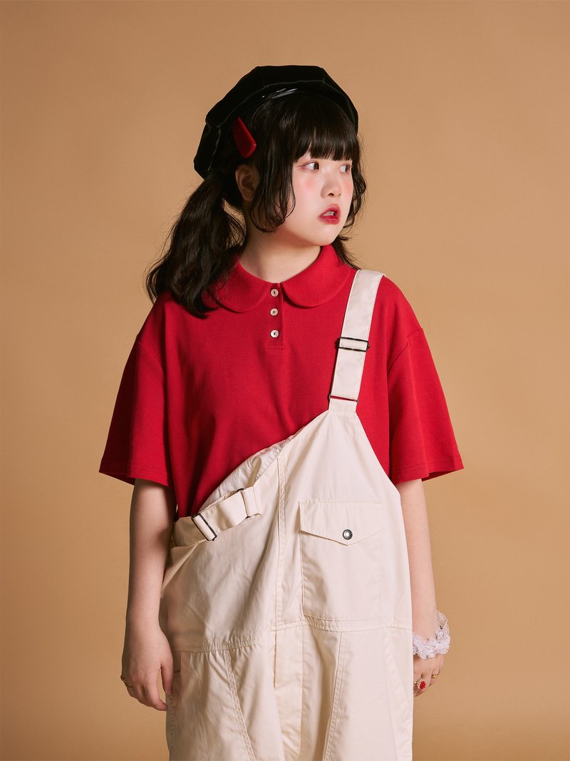 Unicutie two-tone doll collar polo shirt - เสื้อผู้หญิง - วัสดุอื่นๆ สีแดง