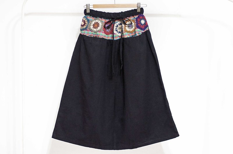 Knitting woven pocket dress / skirt national wind / cotton Linen skirt flower / vegetable dyes skirt- color forest - Skirts - Cotton & Hemp Black