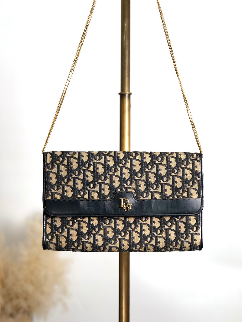 【 日本直送　名牌中古包 】Christian Dior トロッター ショルダーバッグ ネイビー ロゴ ジャガード チェーン vintage xsjebd - 側背包/斜背包 - 棉．麻 藍色