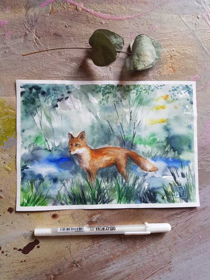 Fox in the forest 02 - artwork hand painted Watercolor painting on paper - ตกแต่งผนัง - วัสดุอื่นๆ 