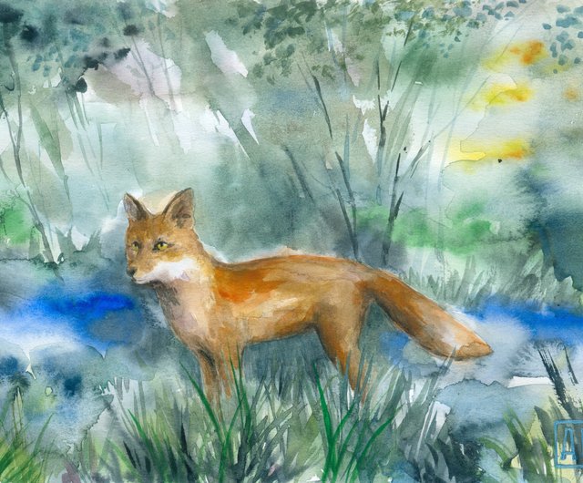 森の中のキツネ02-紙に手描きの水彩画のアートワーク - ショップ Arina
