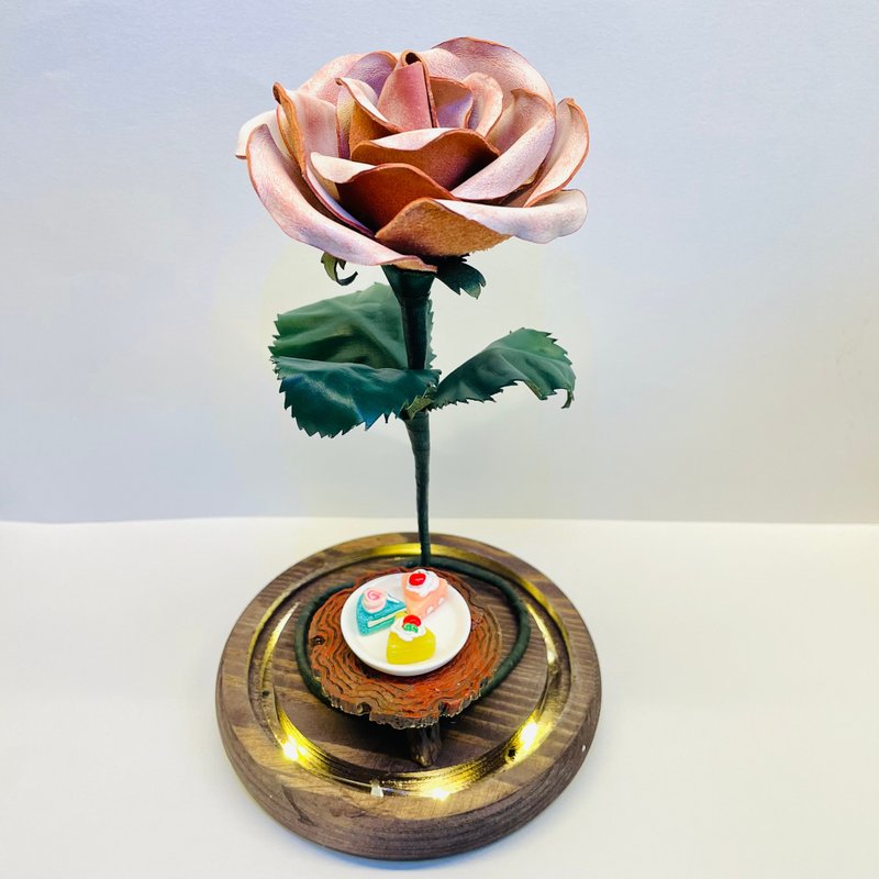 Handmade red leather rose with glass bottle and woodbase with light - Items for Display - Genuine Leather Pink