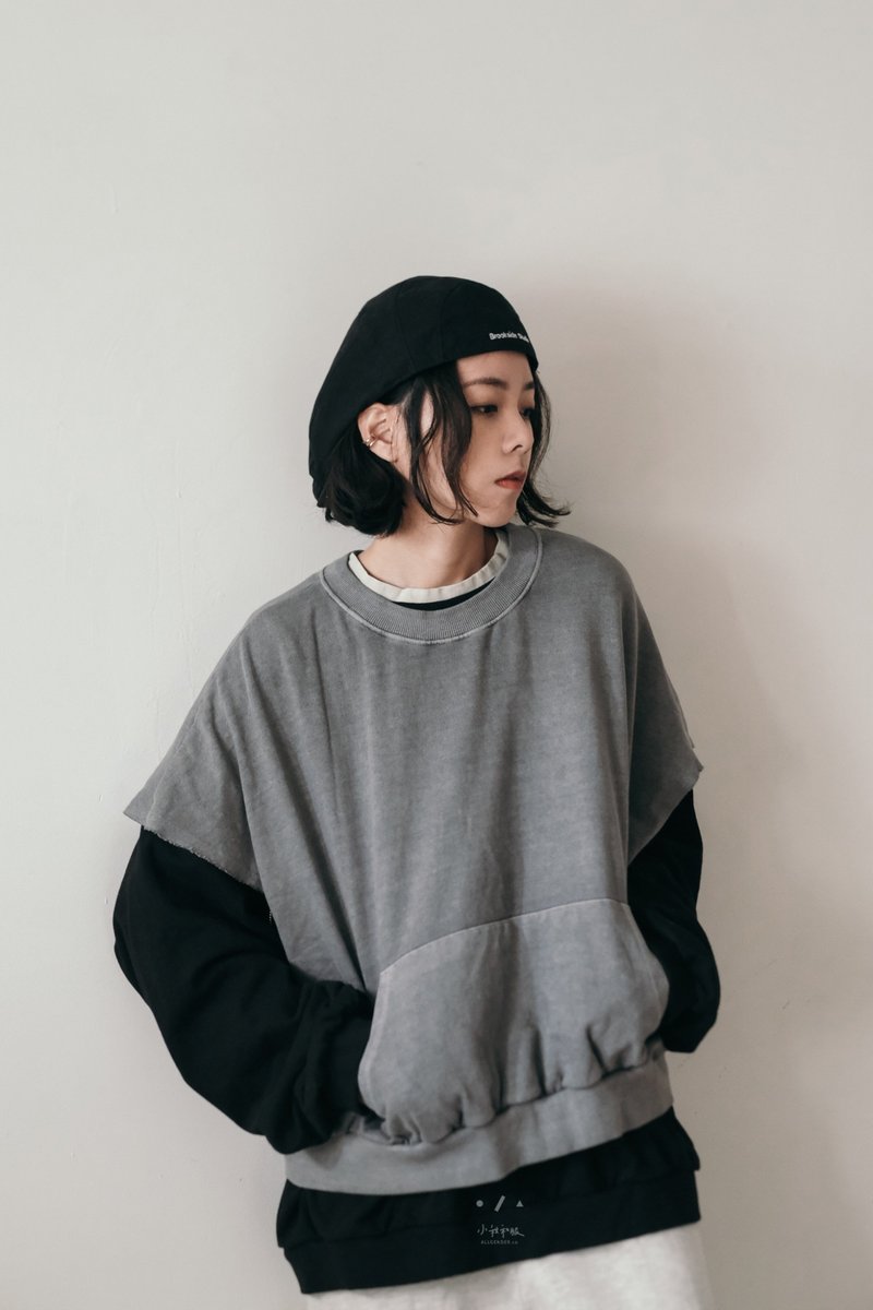 蛍光家族大口袋背心 - 2色 -  大人洗灰 - 男背心 - 棉．麻 灰色