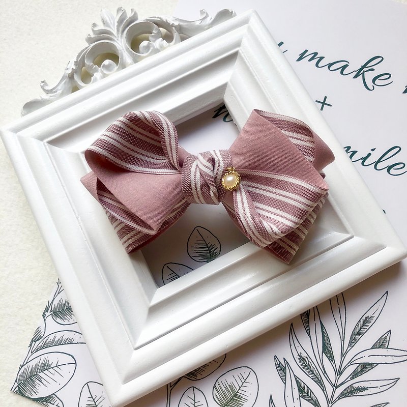 Striped double-sided multi-layer bow spring clip / 藕 powder - Hair Accessories - Other Materials Pink