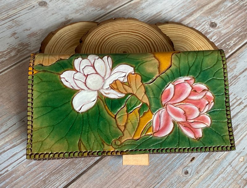 Leather carving/lotus long clip - Wallets - Genuine Leather 