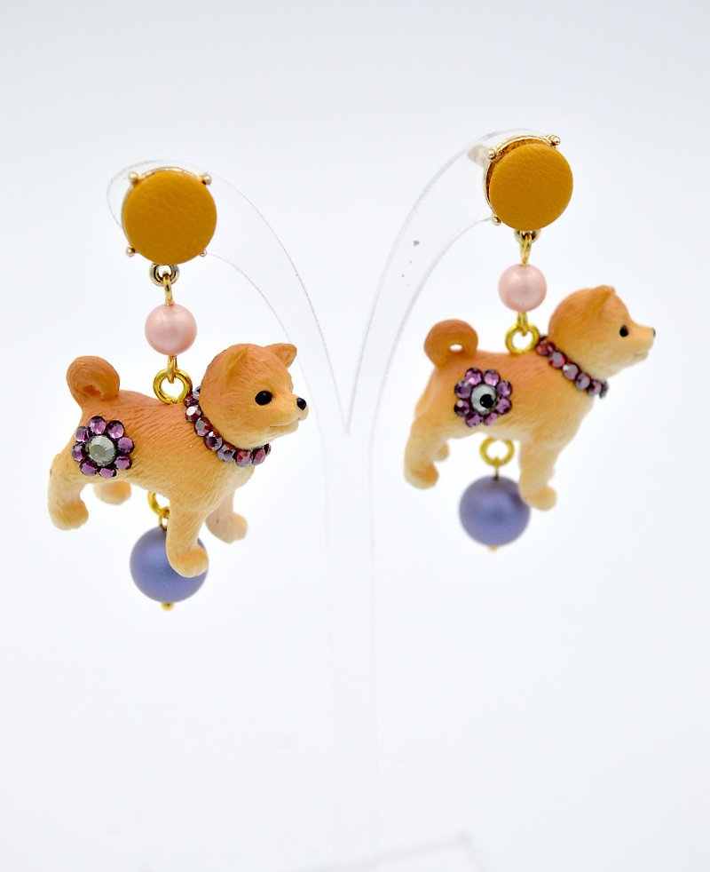 Shiba Inu baby puppy earrings earrings Swarovski crystal flower ass - Earrings & Clip-ons - Other Metals Brown