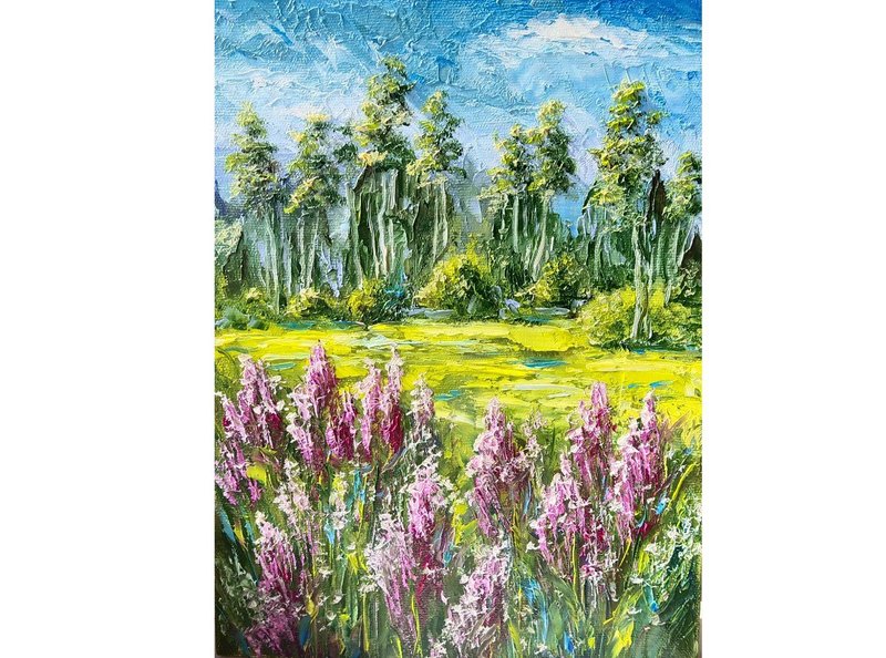 Lupins Painting Birch Tree Original Art Landscape Artwork 40x30 cm/16 by 12 inch - 海報/掛畫/掛布 - 棉．麻 多色