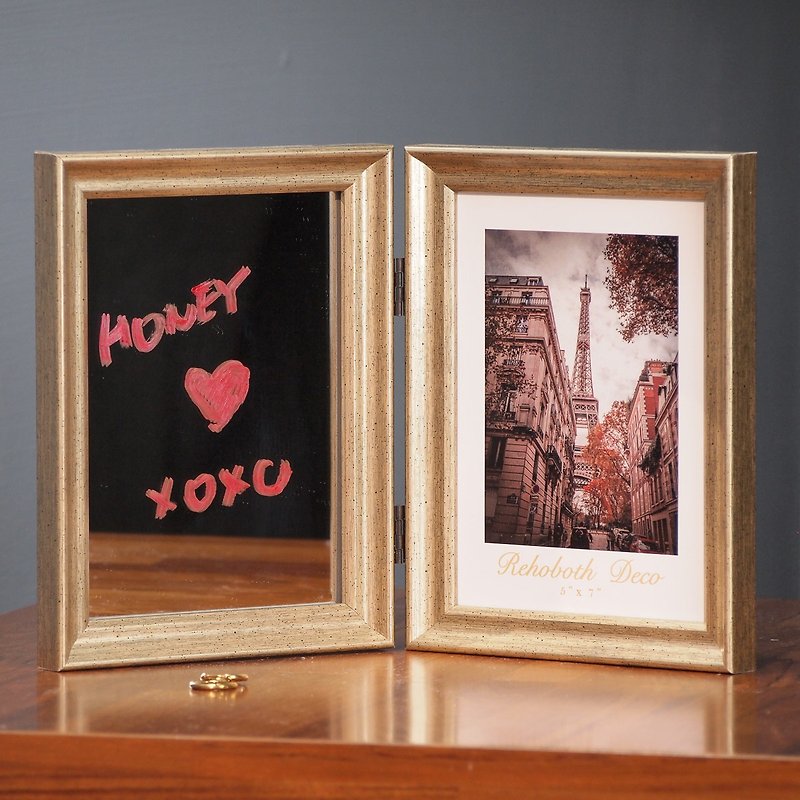 [Special Welfare Products-Champagne] 5x7" Mirror Folio Message Solid Wood Photo Frame - Items for Display - Wood Gold