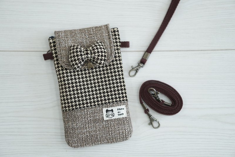 Dual-purpose large mobile phone bag velvet houndstooth coffee series - Coin Purses - Cotton & Hemp Brown