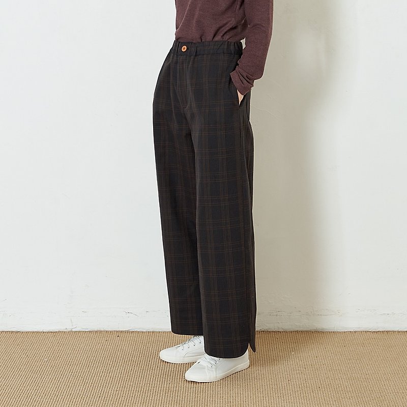 Retro classic plaid four seasons wide-leg pants, unisex trousers, arc ankle design P200907 - กางเกงขายาว - ผ้าฝ้าย/ผ้าลินิน สีนำ้ตาล