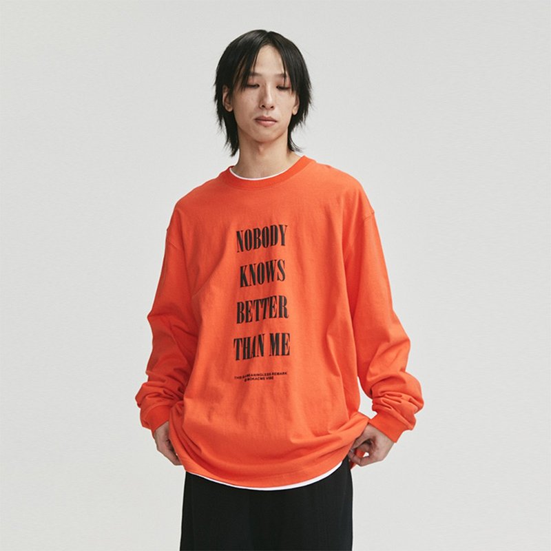 MOKACME 2020FW  發泡印字母標語印花長袖情侶裝 - 男 T 恤 - 棉．麻 橘色