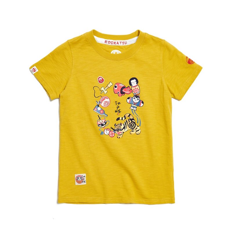 Edo Katsuki style children's play group short-sleeved T-shirt-women's (cedar yellow) #Top - เสื้อยืดผู้หญิง - ผ้าฝ้าย/ผ้าลินิน สีเหลือง