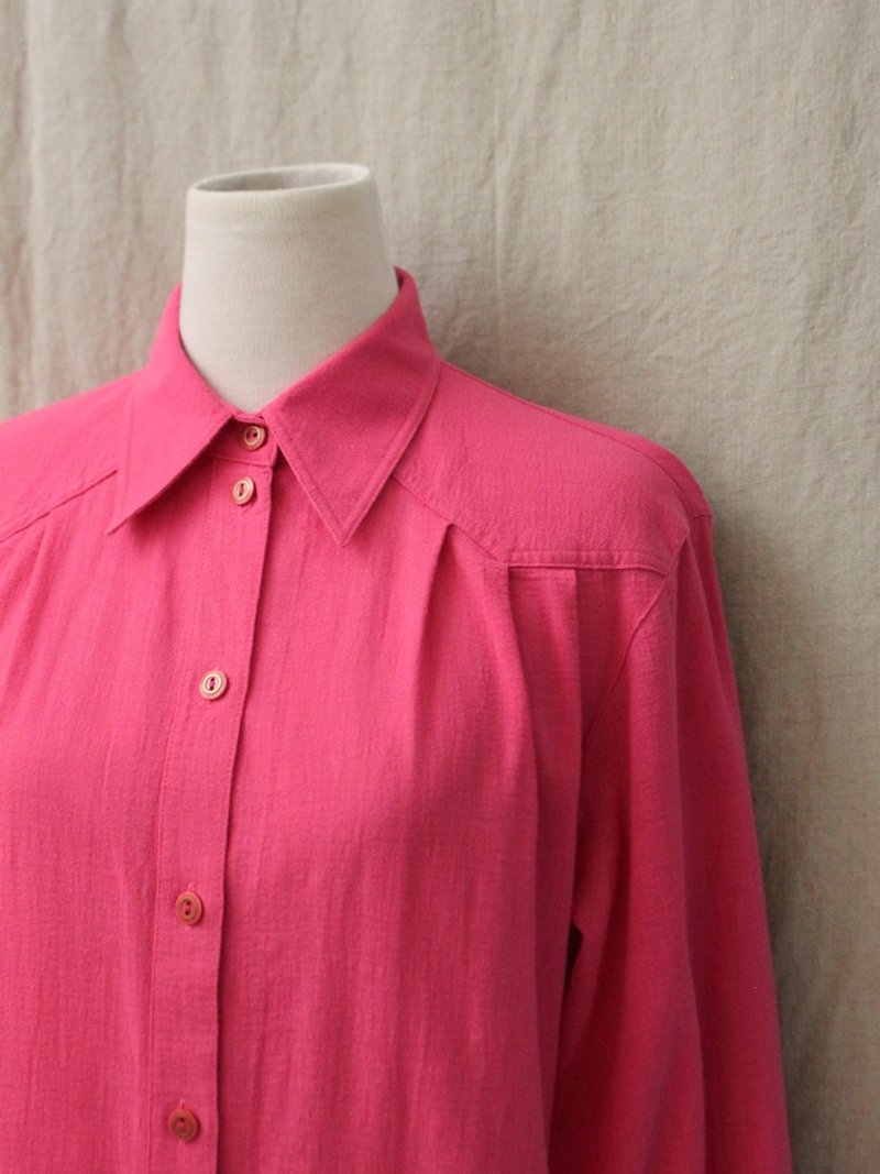 復古歐洲夏日寬鬆典雅條紅色長袖古著襯衫上衣 - 恤衫 - 聚酯纖維 粉紅色