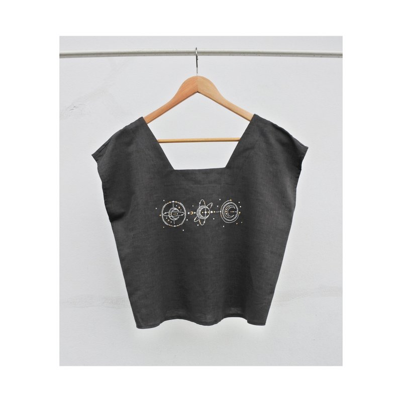 Square neck shirt, dark gray - 女上衣/長袖上衣 - 棉．麻 灰色