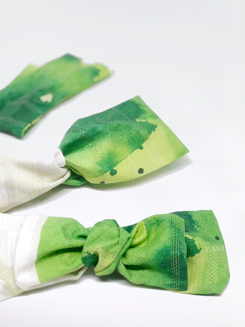 槴子花-水彩設計印花 寬版交叉領巾髮帶-隨變四種造型 - 髮夾/髮飾 - 棉．麻 綠色