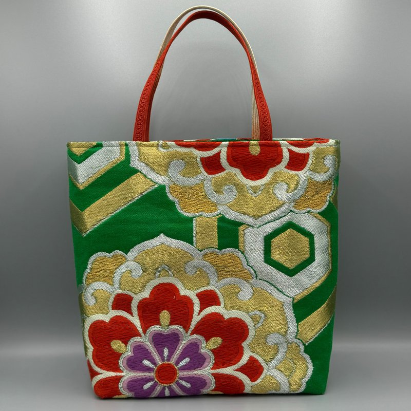 Kimono Obijime Remake Tote bag - กระเป๋าถือ - ผ้าไหม สีเขียว