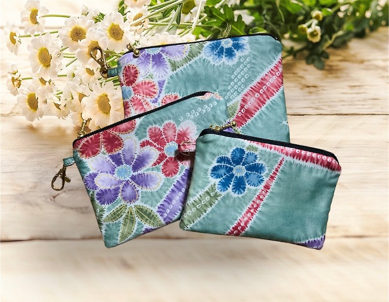 Japanese pattern mini pouch 3-piece set - Toiletry Bags & Pouches - Cotton & Hemp Green