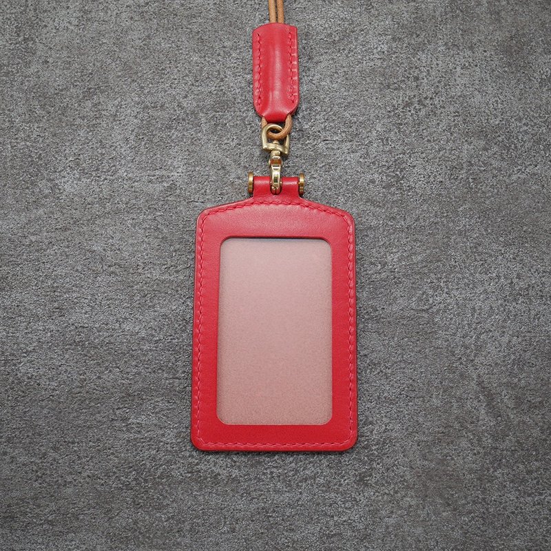 Vegetable tanned leather straight identification card holder-red_free custom branding - ที่ใส่บัตรคล้องคอ - หนังแท้ สีแดง