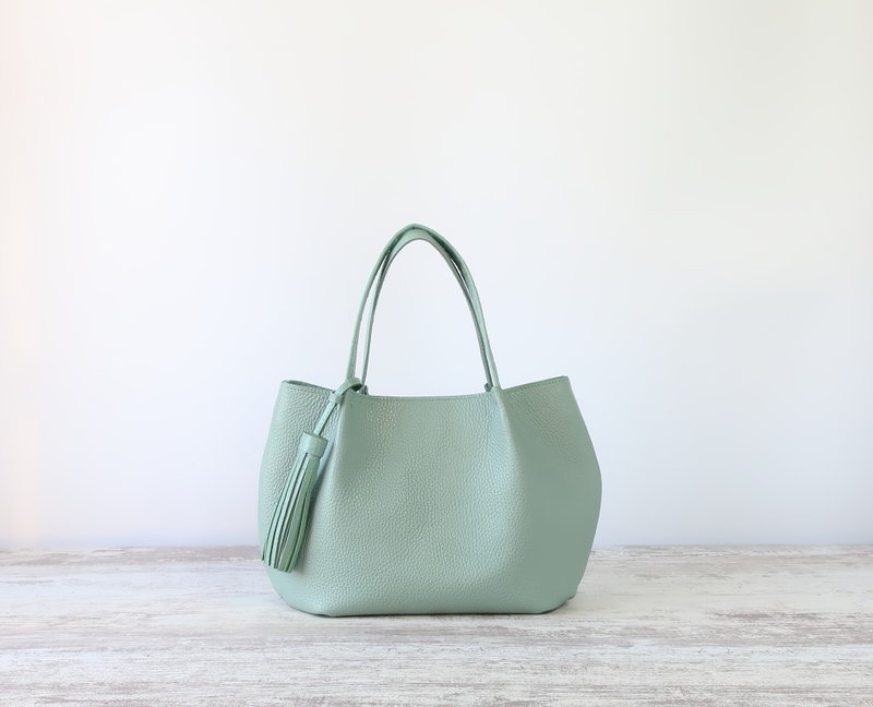 Fluffy tuck tote bag, SS size, mint green, made-to-order - Handbags & Totes - Genuine Leather Green