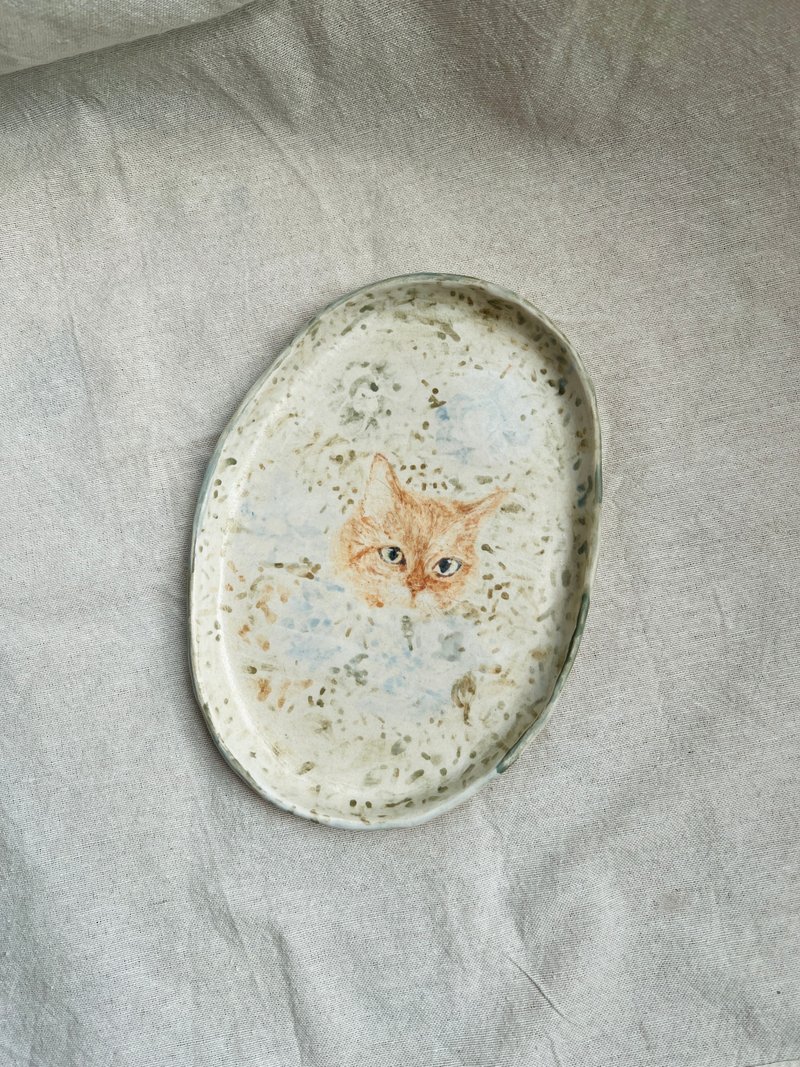 貓013  花叢中冒出來   手繪陶21 X 15.2 x 1.7 cm - 公仔/玩偶 - 陶 