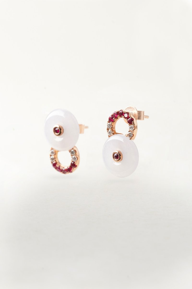 唯一 – 18K玫瑰金白冰翡翠懷古耳環配紅寶石白鑽石 - 耳環/耳夾/耳骨夾 - 玉石 