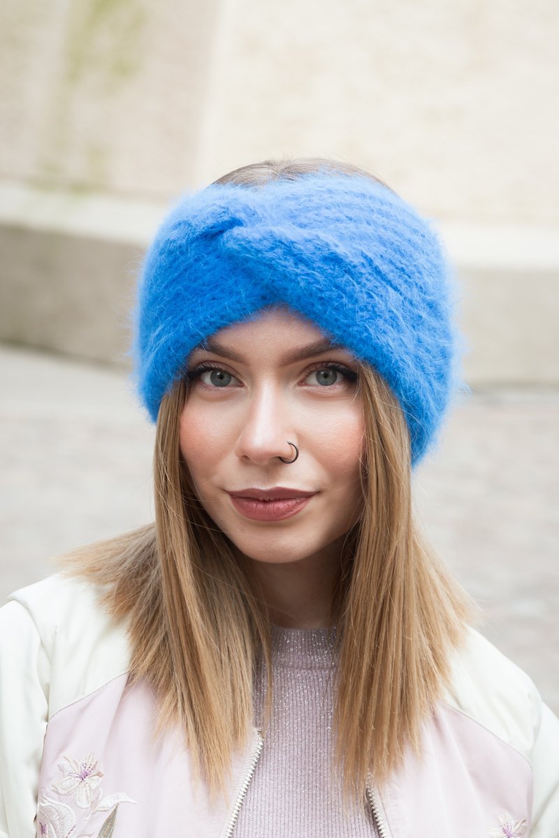 Angora headband. Twist knitted ear warmer. Fluffy head wrap. wide headband - Headbands - Wool Blue