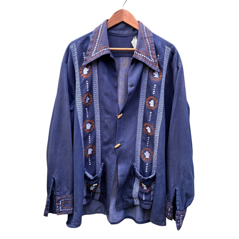 Vintage  Creaciones de Lera Embroidered  Denim Mexican Tourist Souvenir  Jacket - 男夾克/外套 - 棉．麻 藍色