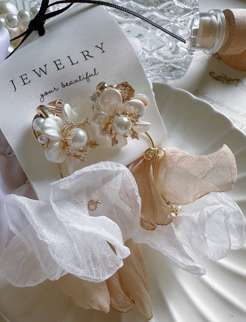 垂墜式耳環/14K包金輕紗耳環/ 結婚耳環/ 大地色耳環 洋裝 配飾 - 耳環/耳夾/耳骨夾 - 絲．絹 咖啡色