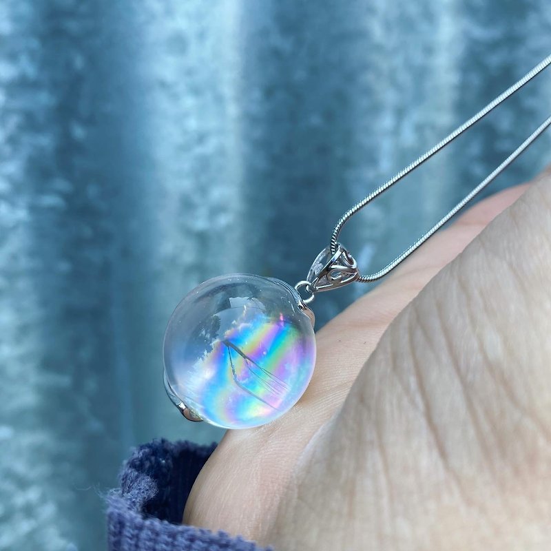 【Lost And Find】Natural rainbow in crystal Ball 925 necklace - Necklaces - Gemstone 