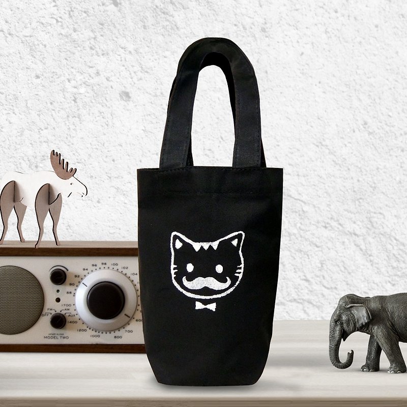 Silk printing drink bag beard tabby cat - ถุงใส่กระติกนำ้ - ผ้าฝ้าย/ผ้าลินิน สีดำ