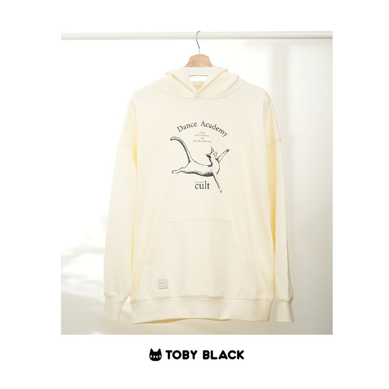 Toby Black DANCING CAT  Hoodie - เสื้อฮู้ด - ผ้าฝ้าย/ผ้าลินิน ขาว