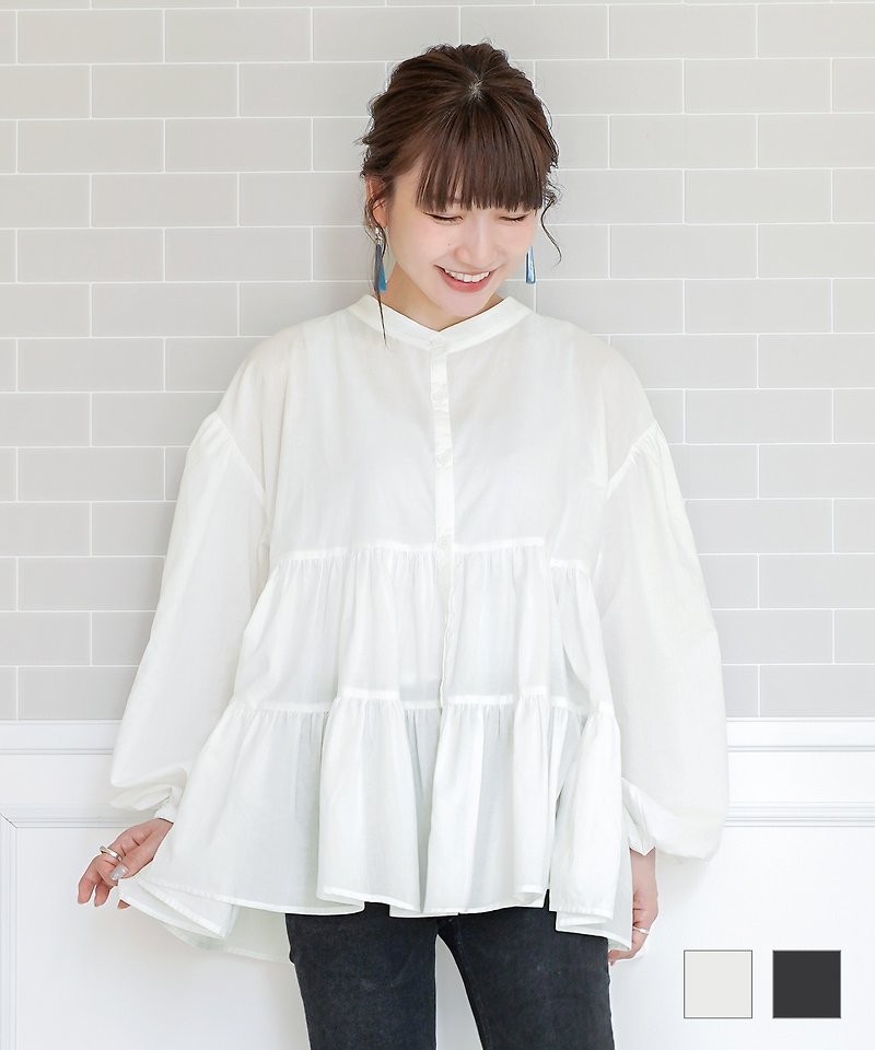SPECIAL SALE Blouse Tiered Design Volume / JS × momo.yokko - เสื้อเชิ้ตผู้หญิง - ผ้าฝ้าย/ผ้าลินิน ขาว