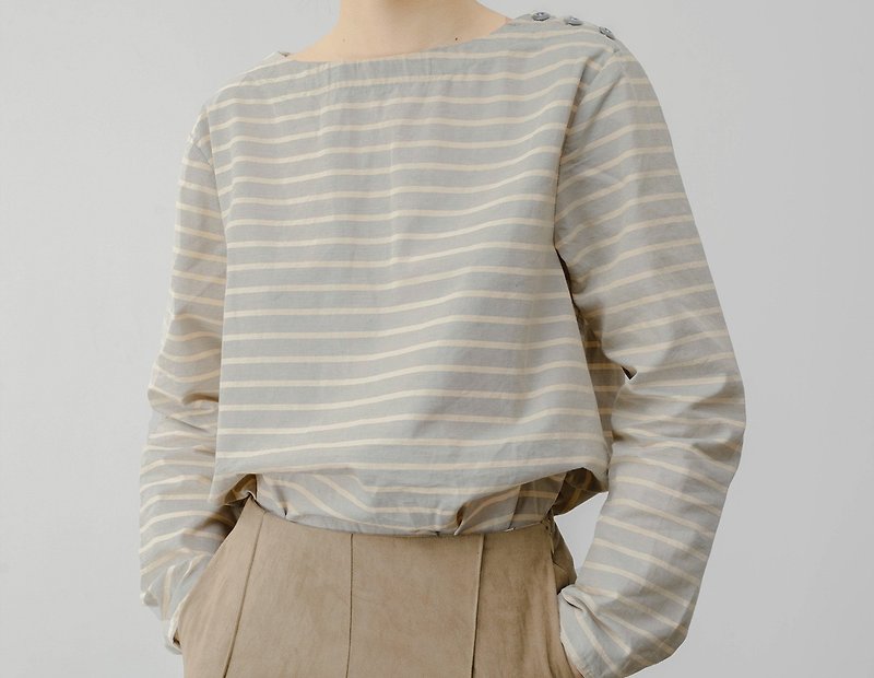 French retro salt girl Morandi striped cotton crew neck shirt - เสื้อผู้หญิง - ผ้าฝ้าย/ผ้าลินิน สีเทา