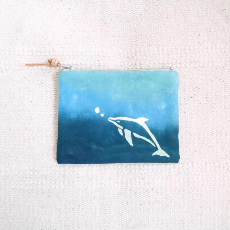 海豚 手染零錢包 收納包 - 散紙包 - 棉．麻 藍色