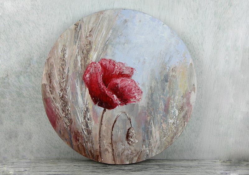 Red poppy Original painting Round canvas Abstract flower Living Room Decor - 掛牆畫/海報 - 棉．麻 卡其色