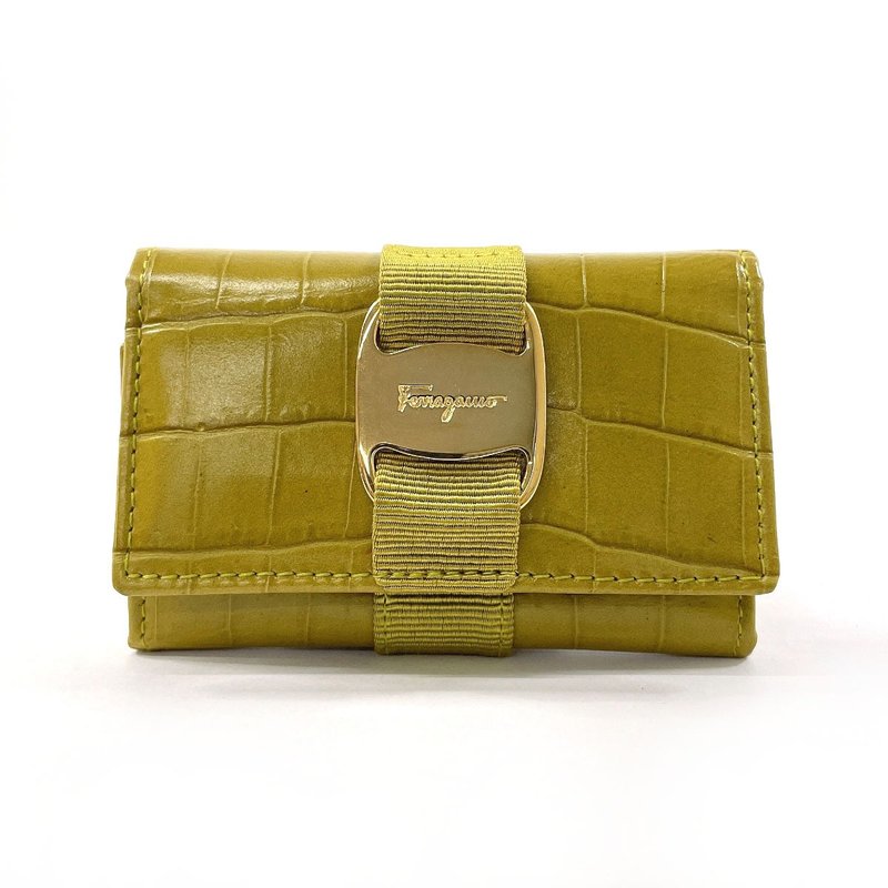 Salvatore Ferragamo 6-ring key case 223056 Crocodile embossed Vara leather Green/gold hardware - Keychains - Genuine Leather Green