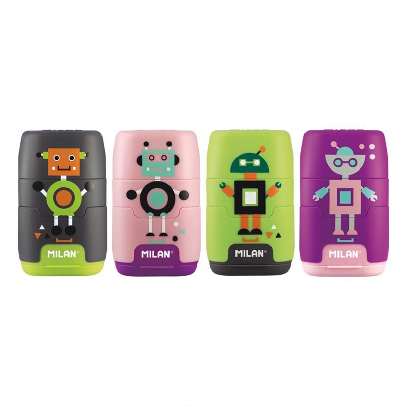 MILAN COMPACT Eraser + Pencil Sharpener_Happy Robot (4 colors optional) - กบเหลาดินสอ - พลาสติก หลากหลายสี