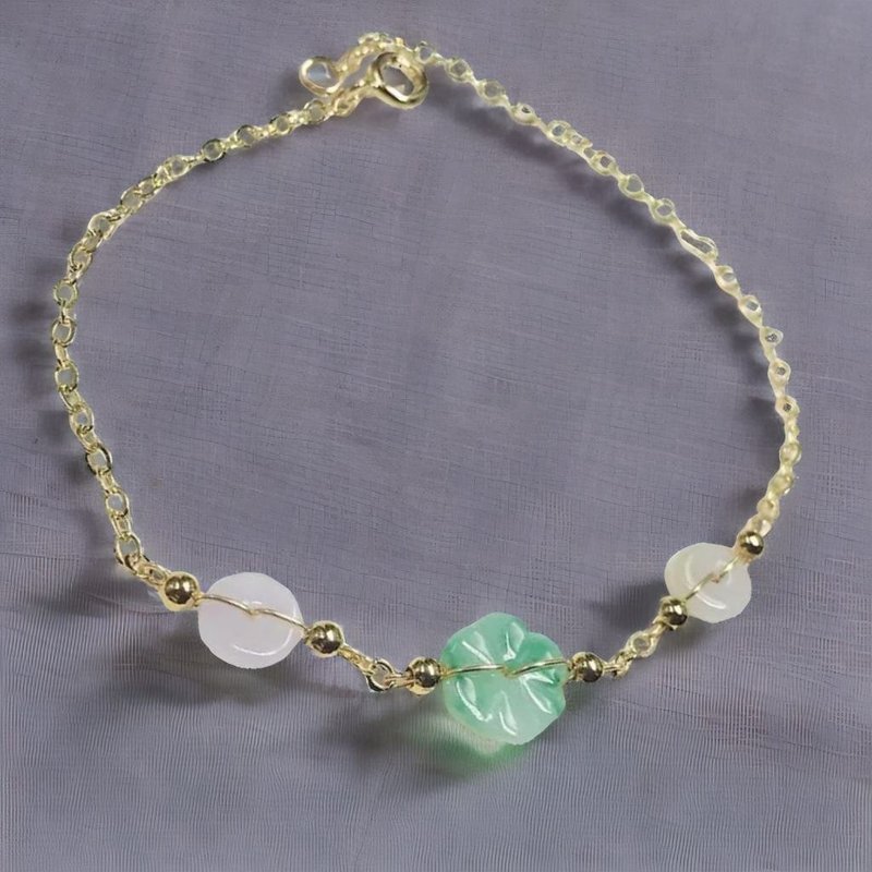 Floating green jadeite flower safety buckle design bracelet 14K gold-filled | Natural Burmese jade A grade jadeite - Bracelets - Jade Multicolor