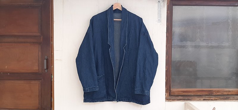 AMINS SHINY WORLD selected primary color washed denim blouse coat jacket - เสื้อฮู้ด - ผ้าฝ้าย/ผ้าลินิน สีน้ำเงิน