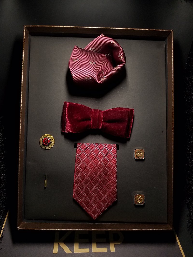 紳士套裝5件套領結領帶口袋巾套裝 - 領帶/領帶夾 - 絲．絹 多色