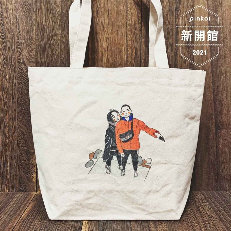 客製化  手繪  帆布  托特包 L號  似顏繪  人像畫 禮物 情侶 - 手提包/手提袋 - 棉．麻 白色