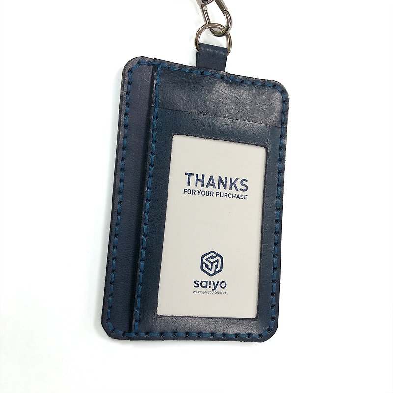 | Saiyo leather custom | ID card set + movable neck rope drawstring business card holder card set | - ที่ใส่บัตรคล้องคอ - หนังแท้ สีน้ำเงิน