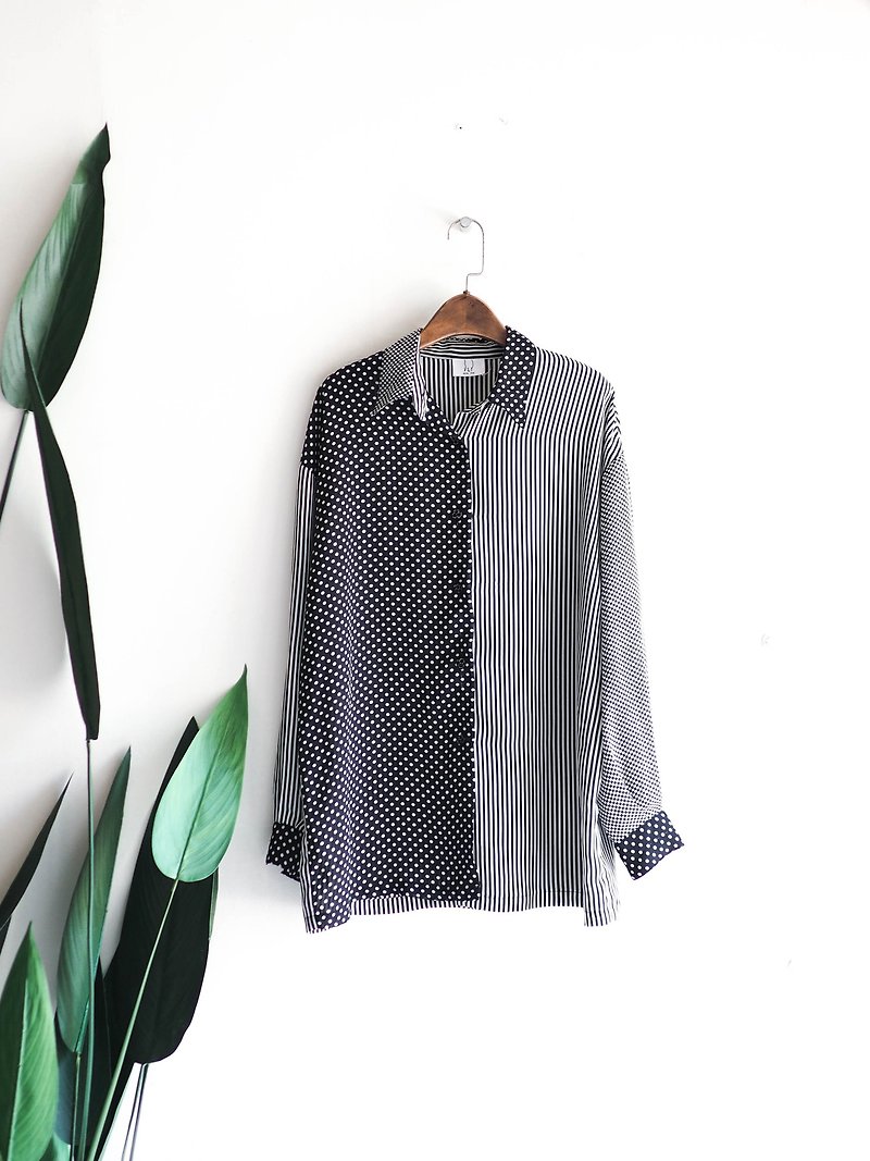 Dotted line spring date time antique spinning shirt top vintage shirt oversize - Women's Shirts - Polyester Black