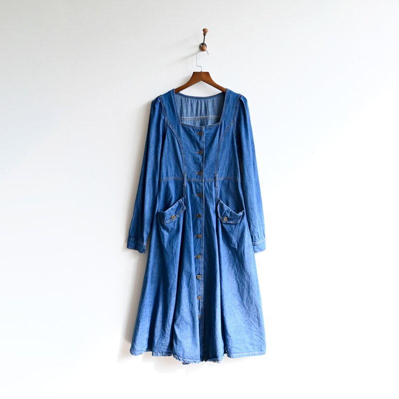 [Egg Plant Vintage] Ultramarine Sky Denim Vintage Dress - One Piece Dresses - Cotton & Hemp Blue