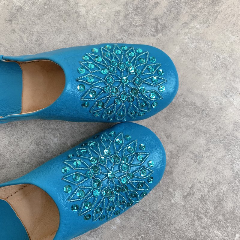 Moroccan babouche indoor slippers beaded embroidery desert salt lake blue and Teal - Indoor Slippers - Genuine Leather Blue