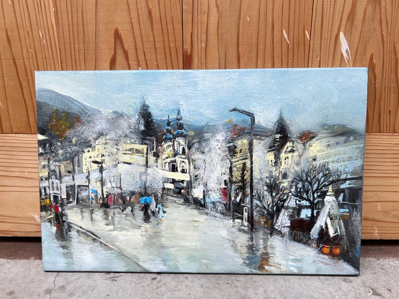 Original painting_Walking in Czech spa town in the rain_Oil painting 4F_Joyce - โปสเตอร์ - วัสดุอื่นๆ สีน้ำเงิน