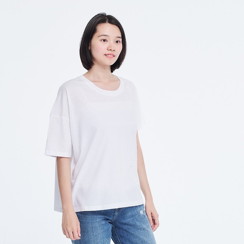 Shine Cotton Fabric Asymmetry Sleeves T-shirt Top White - เสื้อยืดผู้หญิง - ผ้าฝ้าย/ผ้าลินิน ขาว