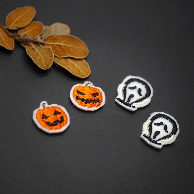Halloween Pumpkin and Skull-Hand-embroidered asymmetric earrings can be changed to painless ear clips - Earrings & Clip-ons - Thread Multicolor