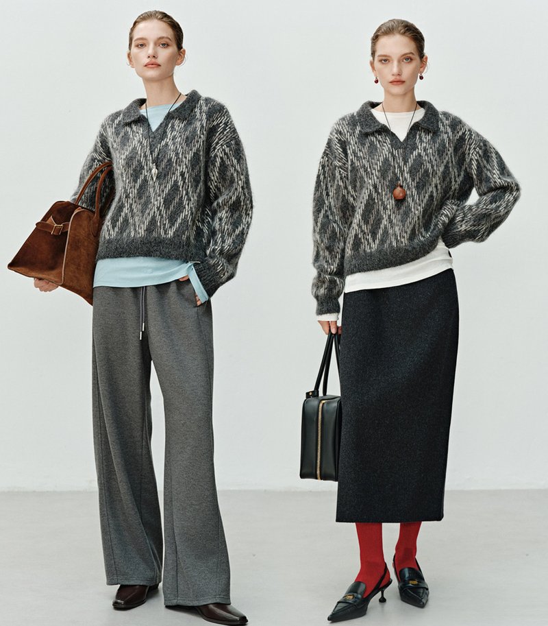 【ヘビーデューティ立体ダイヤモンドパターン】 フレンチミニマリスト / ジャカードカラーセーター / レイヤードプルオーバーニット - トップス - その他の素材 グレー