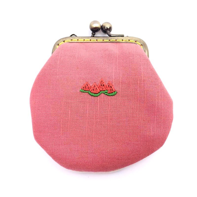 刺繡フルーツマウスゴールドスモールシングスバッグ - 小銭入れ - コットン・麻 ピンク